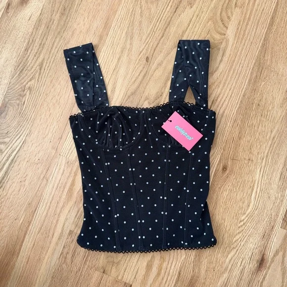 NEW Edikted Marcella Wide Strap Mesh Corset Black White Polka Dot XS - Picture 2 of 11